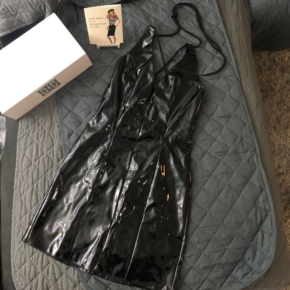 EUC black patent pleather halter dress